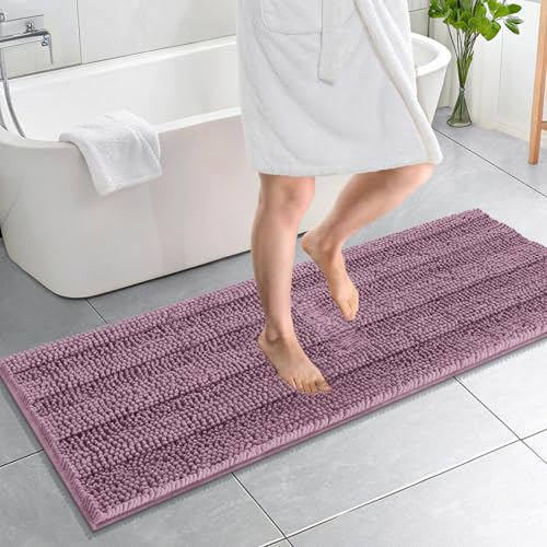 Image of OLANLY Thick Bathroom Runner Rugs 59x20, Absorbent Chenille Striped Bath Rugs, Rubber Backing, Machine Wash, Extra Long Bath Mats for Bathroom Floor, Tub and Shower, Home Decor Accessories, Deep Plum