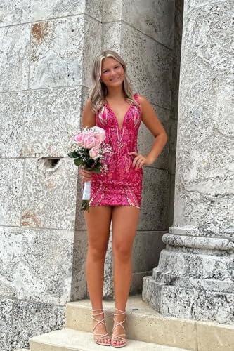 Sparkly Sequin Bodycon Homecoming Dresses 2025 for Teens Mermaid V Neck Prom Cocktail Party Mini Gowns4