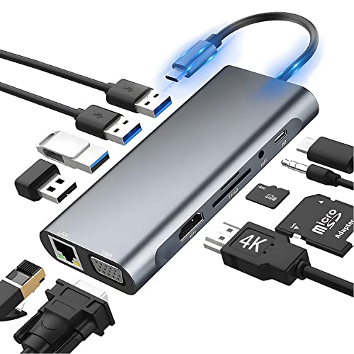 Hub USB C 11 en 1 estación de Acoplamiento USB C, Adaptador USB C a HDMI con HDMI 4K, RJ45 Ethernet, VGA, Puerto USB, 100 W PD, Auxiliar, XPS, Surface y más portátiles Tipo C