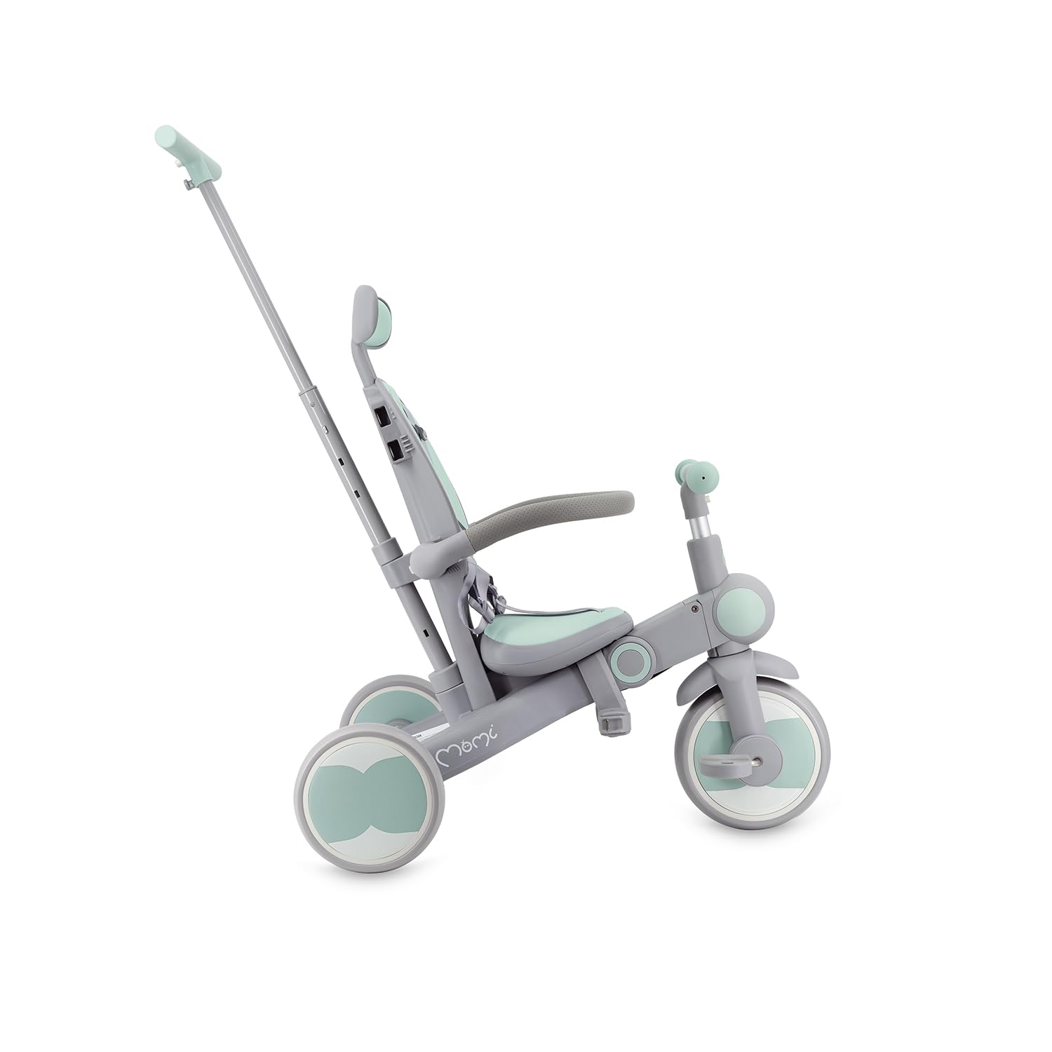 Triciclo per bambini MoMi 4in1 SOLIVIA con manubrio telescopico, cinture di sicurezza a 5 punti, per bambini a partire da 12 mesi, con capottina parasole, ruote in PU, borsa e portabicchiere