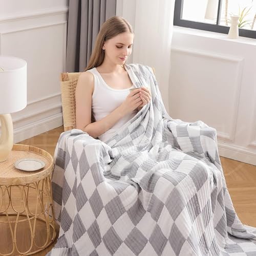 Image of EMME Cooling Muslin Twin Blanket - Checkered Lightweight Summer Cotton Blankets of Rayon Derived from Bamboo for Hot Sleepers, Soft Breathable All Season Gauze
