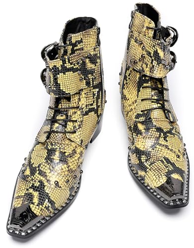 Santimon Men's Genuine Leather Cowboy Boots - Western Dress Boots with Metal Toe & Buckles | Mid-Calf Party, Rock & Motorcycle Boots4