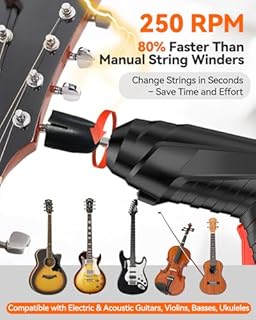 250RPM Guitar String Winder Tool with LED Light, String Cutter, Bridge Pin Puller, 14 Screwdriver Bits and 6 Picks for Electric, Acoustic, Bass, Ukulele and More