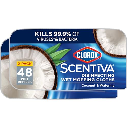 Clorox Scentiva Disinfecting Wet Mop Pad Disposable Mop Heads Coconut and Waterlily 2 Packs 24 Wet Refills Per Pack (Package May Vary)