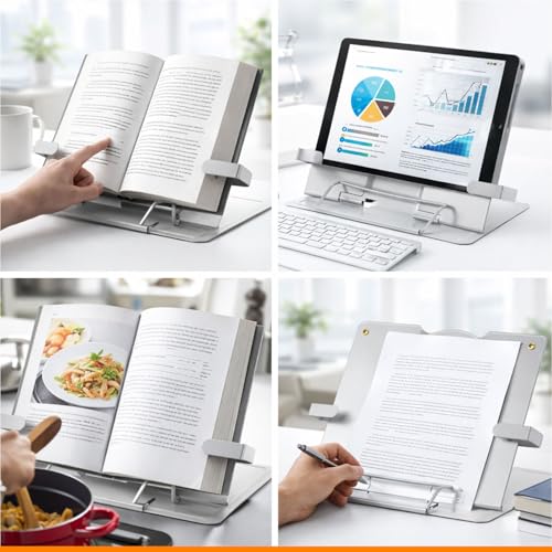 Image of Volo Portable Metal Book Stand Holder - Adjustable, Foldable Design for Desktop Use - Ideal for Cookbooks, Textbooks, Sheet Music, and More - Convenient Book Organizer (Grey)