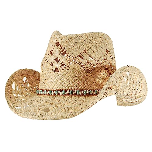 Image of Men's Cowboy Hats Summer Women Beach Cowgirl Hat Raffia Unisex Western Sun Hat