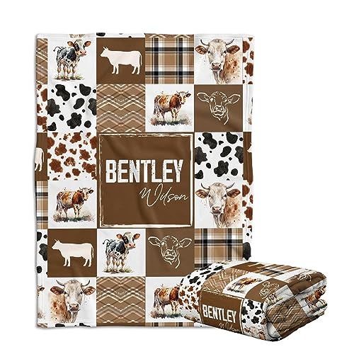 Cow Baby Blankets, Baby Western Stuff, Cowboy Baby Name Blanket, Personalized Baby Blankets for Boys Girls, Custom Name Cow Prints Swaddle Blanket for Crib Stroller Travel Bed