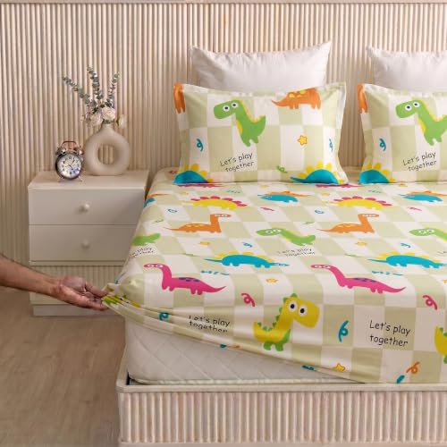 Image of Filymore Elastic Fitted Dinosaur Double Bedsheet with 2 Pillow Cover | 240 TC Soft Microfiber Bedcover for Kids Room| Bedspread for Mattress Size 72 inch x 72 inch Inch | Green & White