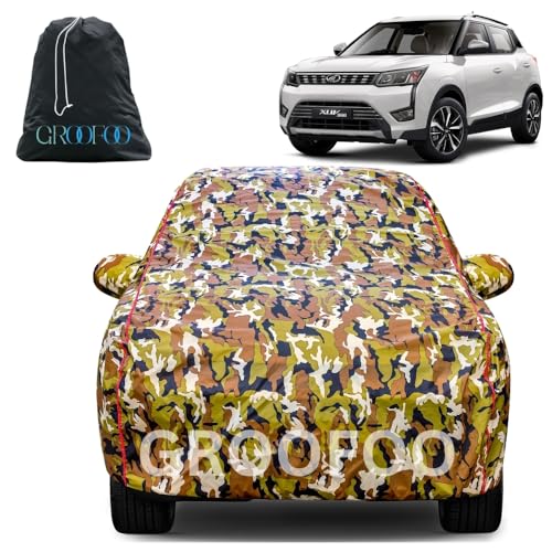 Image of GROOFOO Waterproof Car Body Cover with Mirror Pockets Compatible with Mahindra XUV300 | Triple Stitch Blue Piping Car Cover UV & Dust Proof All-Weather Protection, Adjustable Buckle (Army and Red)