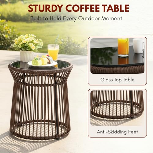 Image of DEVOKO Outdoor 3 Piece Patio Rope Chair Table Set All Weather-Resistant Cushion Handmade Furniture Perfect for Balcony, Garden, Patio, Terrace(Brown & Cream)