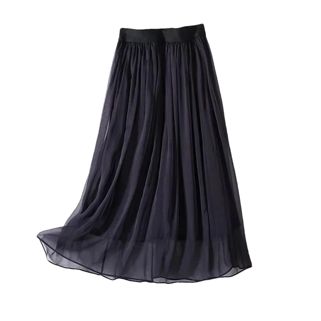 Women Mulberry Silky Skirt Knee-Length Solid Color Office Lady Skirt A-Line Pleated Tulle Skirts