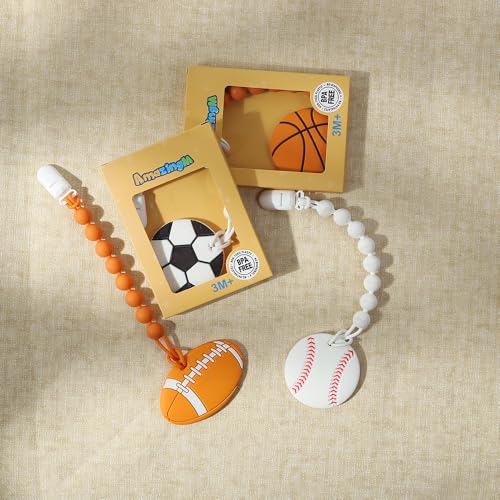 Image of Baby Food Grade Silicone Sport Ball Teether Toy with Pacifier Clip Holder,Teething Pain Relief Toys Gift Set for 3 Months+ Boys and Girls,Freezer Safe,BPA Free. (American Football)