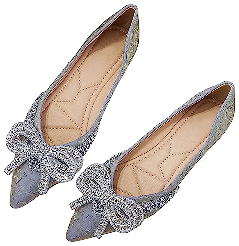 INEELUYI Ballets Flats for Women Bling Rhinestone Bowtie Dress Flat Shoes Slip on Soft Wedding Bowknot Flat Shoes