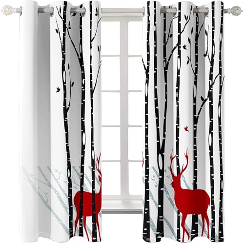 Daesar Lot Rideaux Salon, Rideau Fenetre Motif 214x183CM Rideaux pour Salon Décoration Arbre avec Oiseau de Cerf Rideau Fenêtres Blanc Rouge Noir Polyester