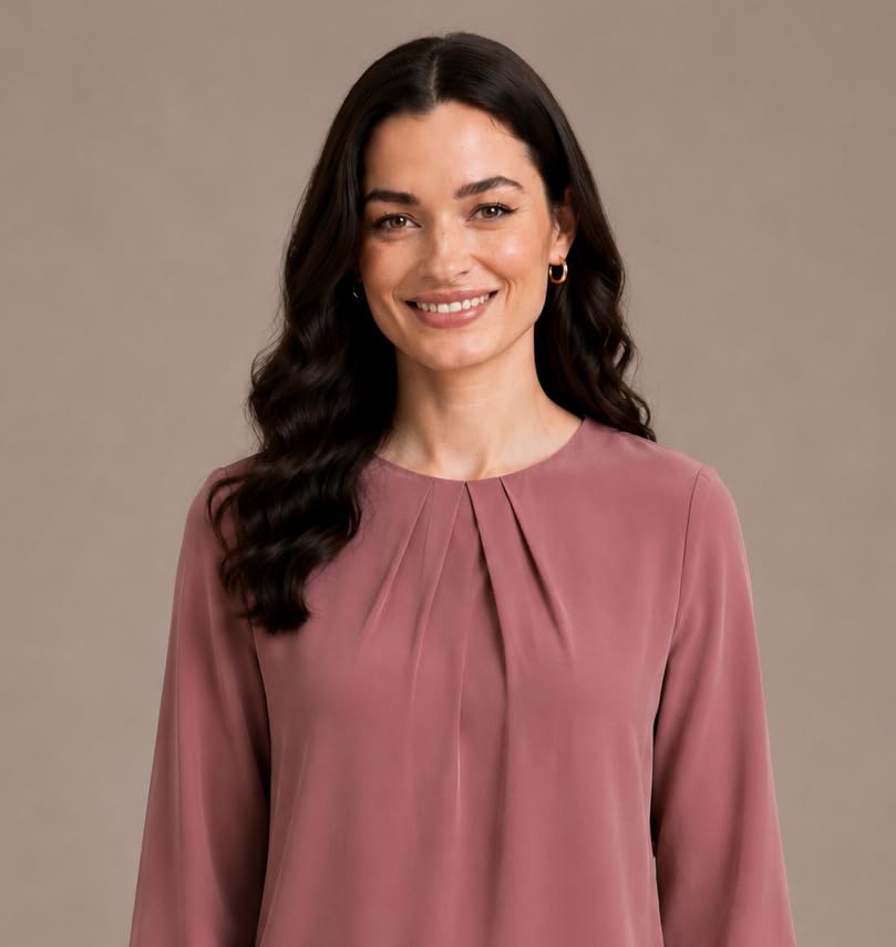 Image of Mirana Women's Full Sleeve Solid Top | Round Neck Pleated Front Regular Fit Office Casual Blouse with Button Cuffs