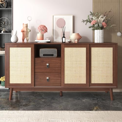 Aparador con 3 puertas correderas de ratán auténtico y 2 cajones, transpirable, estable y duradero, varios estantes, 155 x 38 x 80 cm (madera oscura)