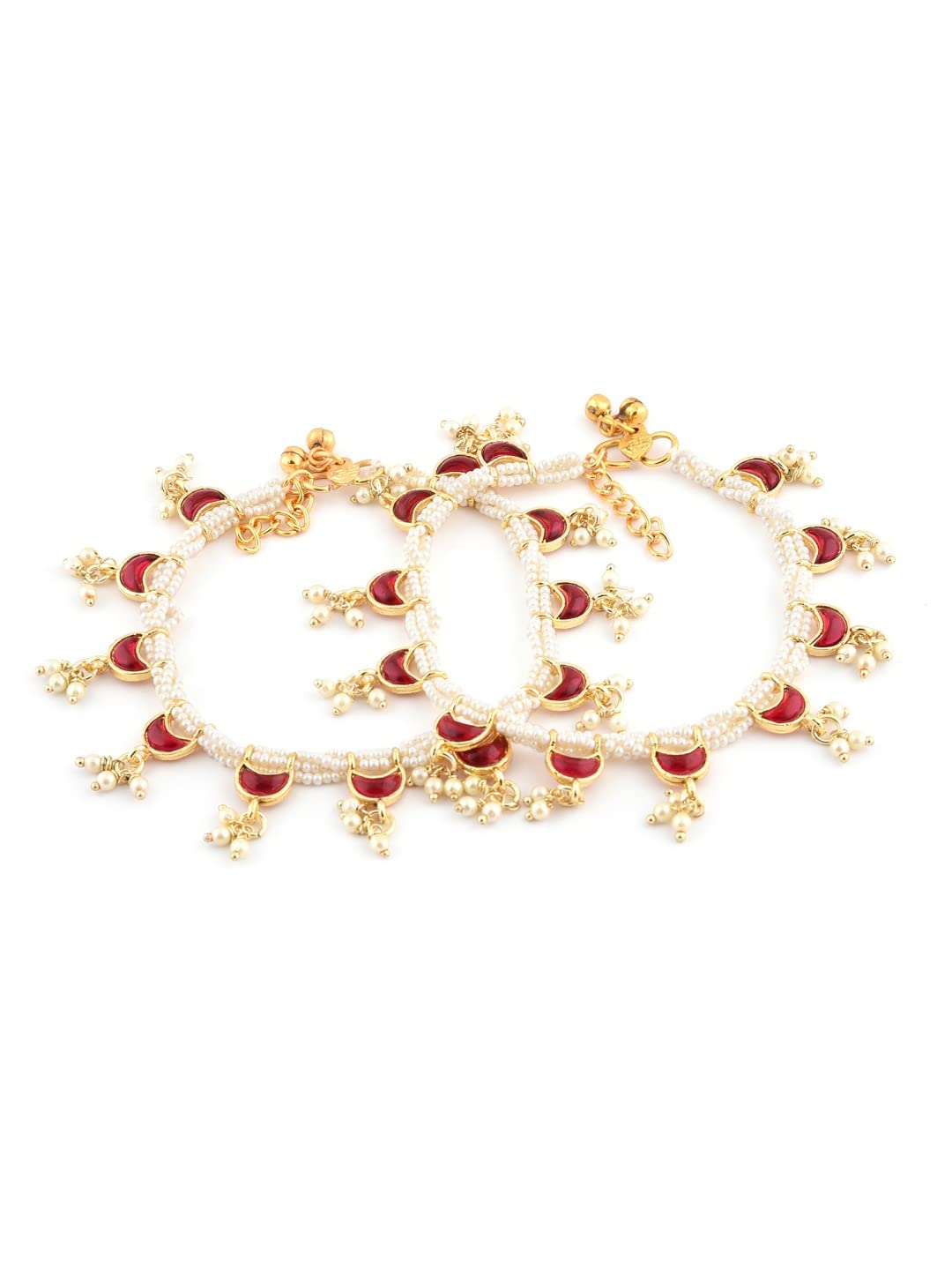 Pink Crescent Shape Kundan Drop Multistrand Anklets (2 Payals) For Women-ZPFK11554