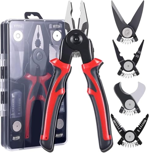 NNOVAT 5-teiliges Zangenwerkzeug-Set, 5-in-1, vielseitiges Werkzeugset für Werkzeugkoffer, schwarz und rot, mit Linesman-Zange, Abisolierzange, Crimpwerkzeuge, Blechschere
