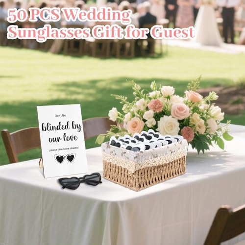 51 Pairs White Heart Shaped Sunglasses Bulk Set, 50 Wedding Sunglasses for Guests and 1 Wooden Signboard, Bridesmaid Sunglasses for Wedding Reception and Bachelorette Favors3