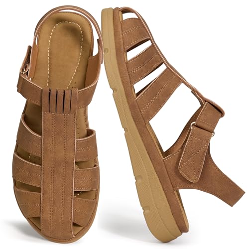 Decould sylf Womens Flat Sandals: 2026 Comfortable Summer Closed Toe Shoes Memory Foam Dressy Fisherman Sandal for Walking Casual Vacation Brown Size 8