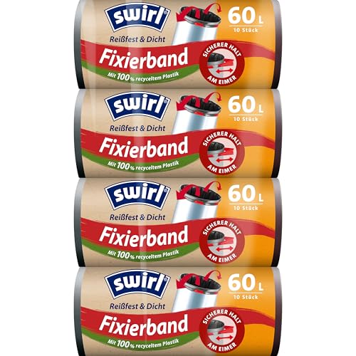 Swirl Reißfest & Dicht Fixierband Müllbeutel 60 l (4 x 10 Beutel) tropfsichere Müllsäcke für den Hausmüll reißfeste Mülltüten für sicheren Halt am Mülleimer