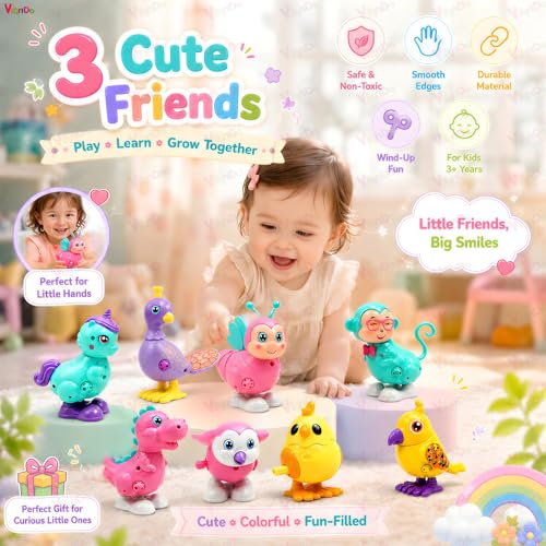 Image of VikriDa 3 Pcs Wind-Up Animal Toy Set for Kids - Jumping Bird, Rabbit & Crawling Walking Toys with Key Operation, Fun Interactive Toys for Babies, Boys & Girls (3 Pcs Assorted Colors & Designs)