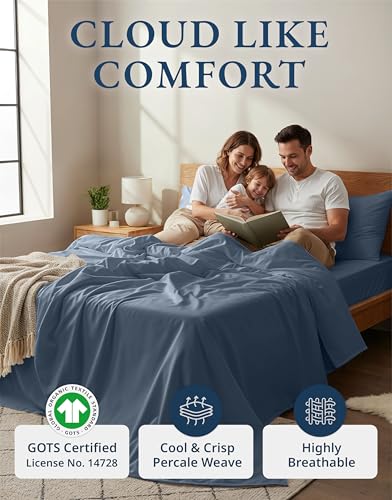 Image of LANE LINEN 100% Organic Cotton Twin Bed Sheet Set, Luxury Hotel Style Fade Resistant Deep Pocket Machine Washable Twin Size Sheet Set, Eco Friendly Mercerized Cotton Sheets- Estate Blue