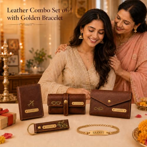 Image of SAVRI Personalized Raksha Bandhan Gift for Sister | Customized Women's 4 Piece Gift Combo with Name Engraving & Golden Chain Rakhi | Personalised Rakhi Gift Hamper for Behen Sis | Best Gifts for Women