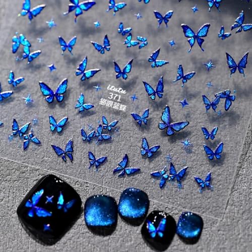 Image of Butterfly Nail Stickers Blue Nail Decals for Nails Art with Glitter Design Shiny Nail Art Stickers 5D Embossed Self Sdhesive for Women Girls Nails Decoration Accessories Supply