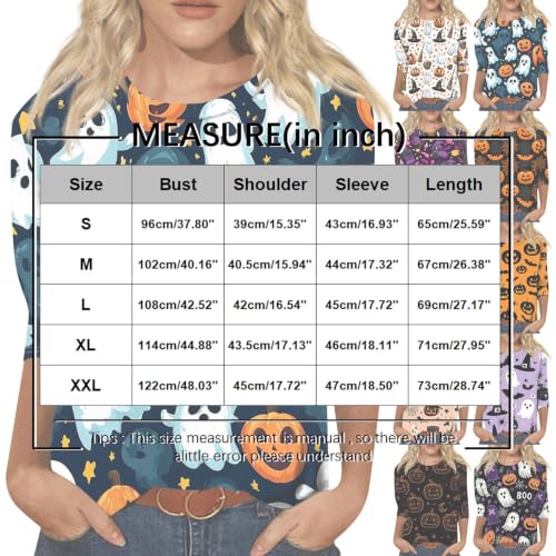 Image of Women Spooky Halloween Graphic Shirt 3 /4 Length Sleeve Crewneck Top | Halloween Funny Printed Pumpkin Plus Size Tshirts 2026 Fall Outfits Skeleton Tee Going Out Tops