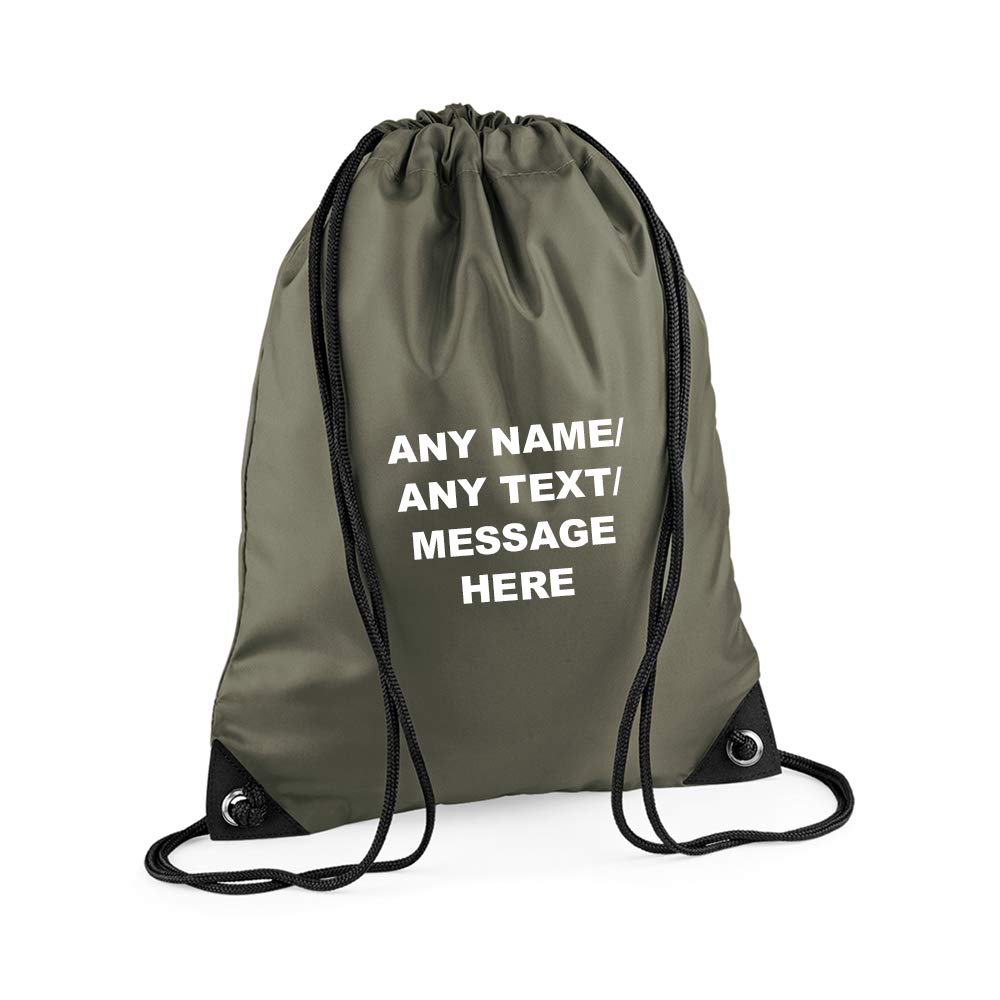 Getagift Personalised with your Own Any Name/Message/Text Premium Drawstring Bag, PE Gym Kit School, Swimming, Birthday/Secret Santa, PE Kids Sport Rucksack. (Olive Green)