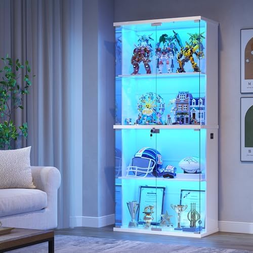 Display Cabinet with Glass Doors, 4 Tier Curio Cabinet with LED L...