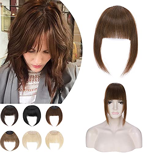SEGO Clip in Bangs Real Human Hair Clip on Bangs Flat Full Bangs Hair Clip in Neat Hair Fringe with Temples Straight French Bangs Hairpiece for Women Girls 04# Medium Brown 14g