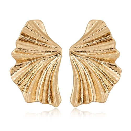 WOWORAMA Gold Statement Earrings for Women Gold Seashell Flower Earrings Boho Textured Ocean Wave Earrings Irregular Exaggerated Geometric Swirl Earrings