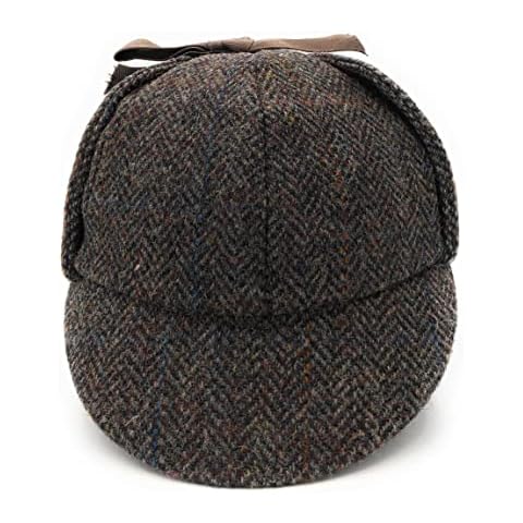 Clans of Scotland Deerstalker Hat - Scottish Traditional - Sherlock - Harris Tweed - Two Peaks and Ear Flaps - Autumn Spring Winter Brown Herringbone with Orange and Blue Lines - Single Piece (S) Cover