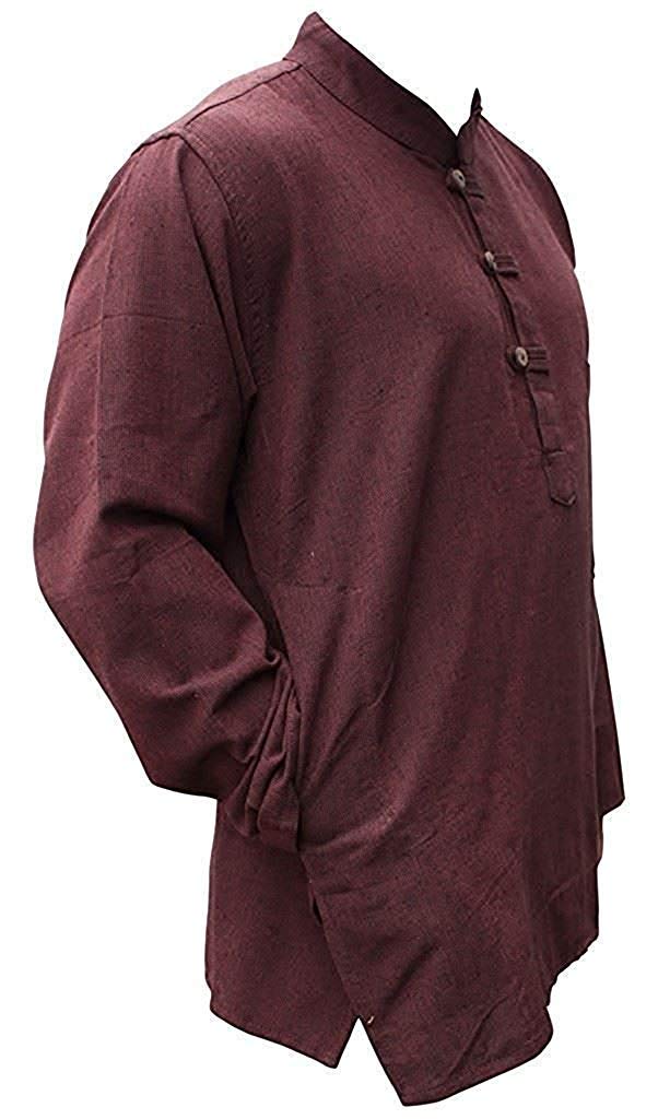 Shopoholic Fashion Camicie da Uomo Hippy con Colletto a Fascetta in Tessuto di Canapa Tinta Unita