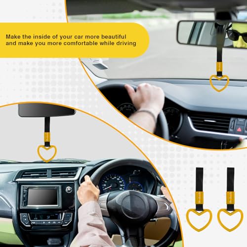 Image of 2PCS Heart Shaped Car Handle Straps, Rear Bumper Warning Keychain Ring for Car Exterior Accessories (Yellow)