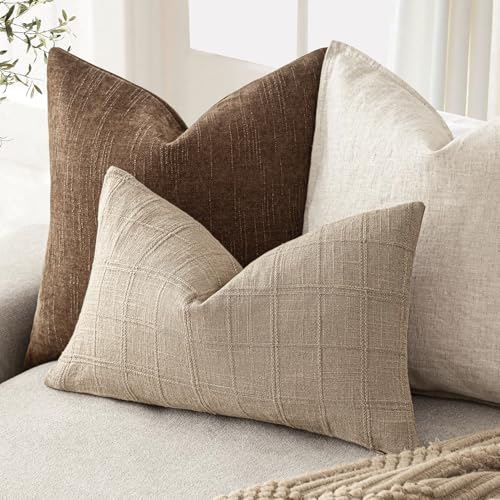 Image of Foindtower Set of 1 Decorative Linen Check Throw Pillow Cover Neutral Farmhouse Lumbar Cushion Cover Modern Coastal Boho Home Decor for Sofa Chair Couch Bedroom Living Room,12x24 Inch,Camel