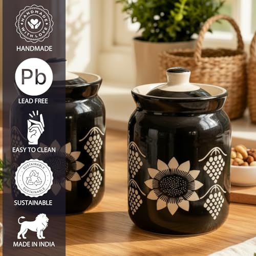 Image of Black Grapes Printed Ceramic Handglazed Pickle Jars Set of 2-1000 ML Each | 1 kg Achaar Martban Barni Jar with Lid | Ceramic Storage Jar Container Pickle, Chatney