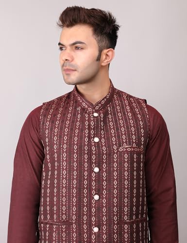Image of Men's Cotton Silk Blend Regular Kurta Pyjama, Embroidered Nehru Jacket /Waistcoat Set