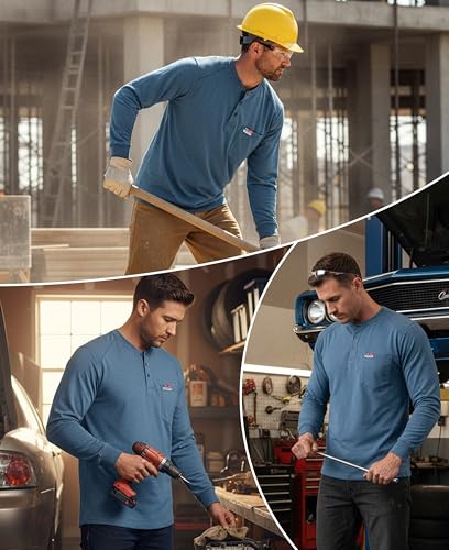 Image of BOCOMAL FR Shirts for Men Long Sleeve EX Soft Flame Resistant Henley CAT2 | NFPA2112 6oz Midweight Cotton Knit Heather Series,Moisture-Wicking /Breathable,Chest Pocket,Rib-Knit Cuffs,Summer Work T Shirt