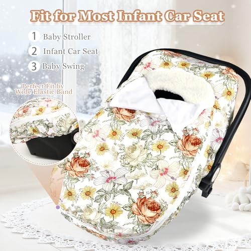 Image of Baby Car Seat Cover Winter, Super Warm Baby Carseat Cover for Girl Boy, Plush Fleece Infant Car Seat Cover, Double Sides Zipper Carseat Canopy Covers, Purple Floral, Yellow Vintage Floral