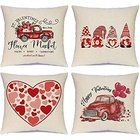 Valentines Day Decorations Pillow Covers 18x18 inch Set of 4 Red Heart and Love Decor Throw Pillows Decorative Cushion Cases for Home Wedding Party Cover
