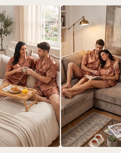 Image of SWOMOG Satin Matching Pajamas Sets Couple Silk Button Down Nightwear Women & Men Short Sleeve Sleepwear 2 Pieces Loungewear