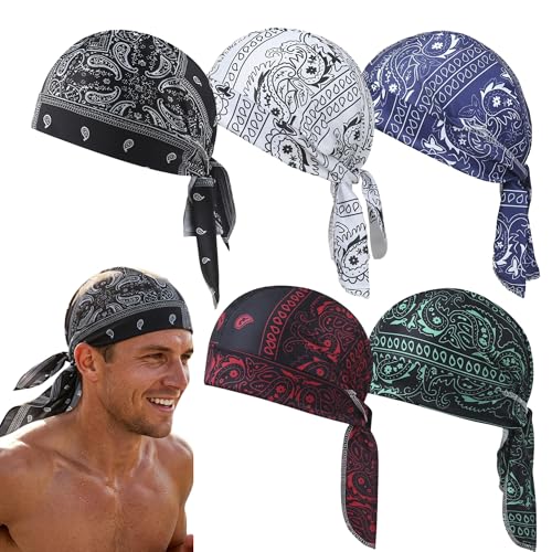 Cooling Skull Cap Helmet Liner Breathable Sweat Wicking Head Wrap Bandana Hat for Men Women Paisley Cycling Running Cap (5 Navy+Black+White+Red+Green)