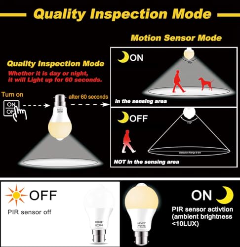 HEKEE PIR Motion Sensor Light Bulb 9W B22, A60 Bayonet Cap Warm White 2700K, Equivalent 60w Incandescent (2 Pack) - Image 2