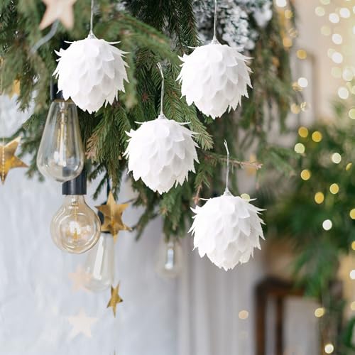 HERZONE 4pcs weihnachtsanhänger Weiße Glitzer Pinienzapfen...