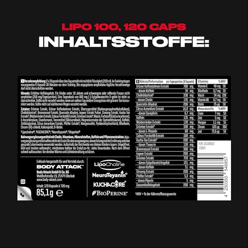 Body Attack LIPO 100-120 Kapseln - Mit Lipocholine®, 200 mg Koffein, Ginseng & Grüner Tee Extrakt - Zusätzliche B-Vitamine und Zink - Für Fatburner-Training & Diät - Made in Germany – Bild 4