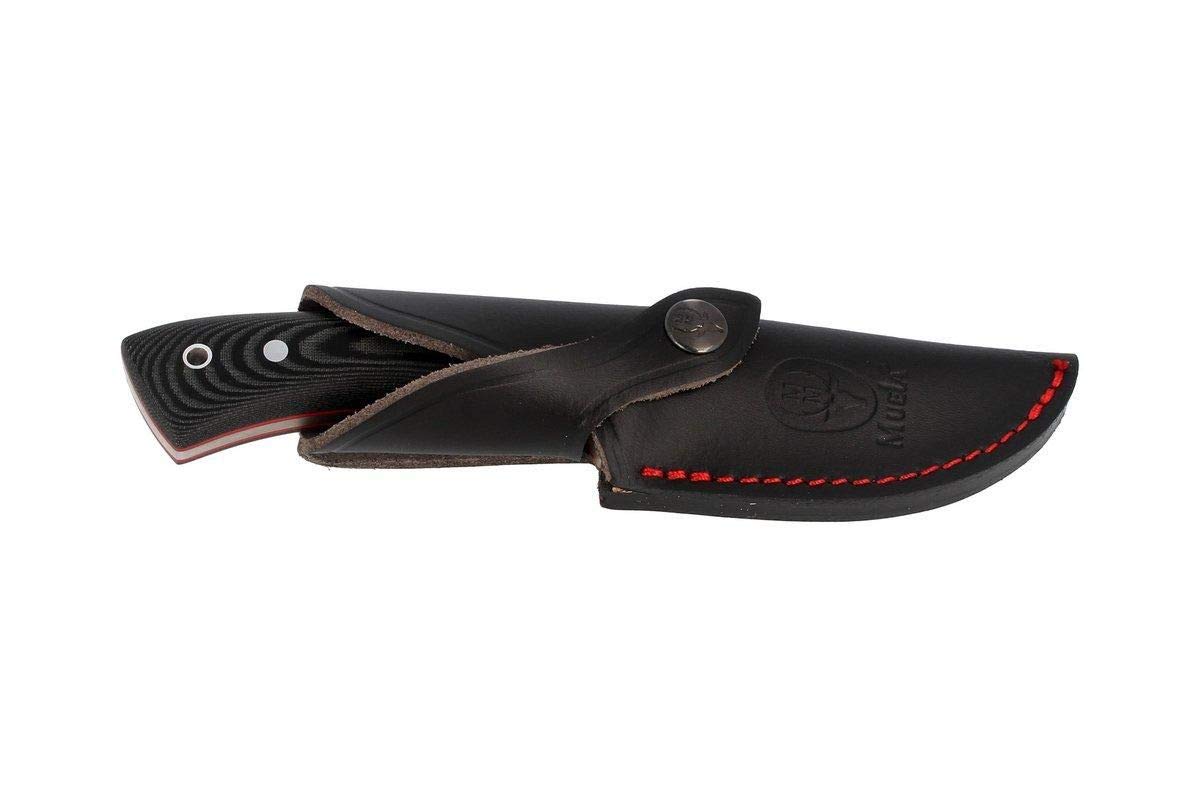 Muela Cuchillo Rhino RHINO-9M hoja de acero Sandvick 14C28N de 9 cm y empuñadura de micarta negra para Caza, Pesca, Supervivencia y Bushcraft Realizado en Ciudad Real + Portabotellas de regalo