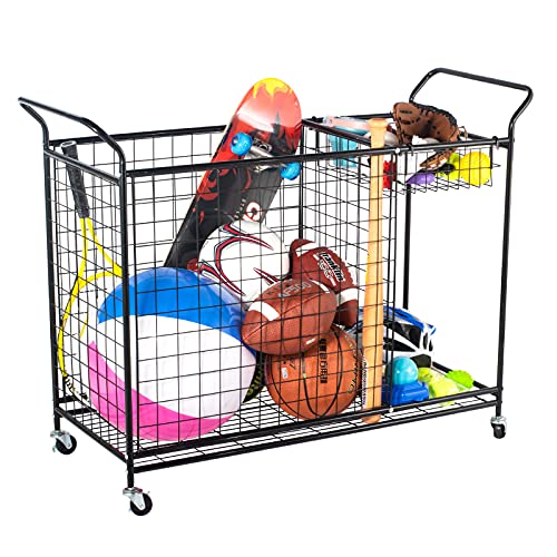 Oududianzi Sports Ball Storage, Garage Sport Equipment Storage Cart, Ball Organizer with Handle, Sports Ball Basket Organizer with Wheels, Balls Cart for Basketball, Football, Soccer, Volleyballs